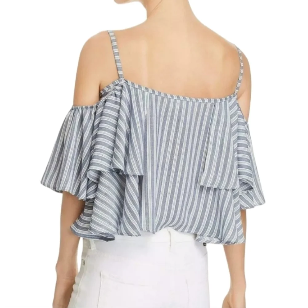 VINTAGE HAVANA striped cold shoulder cropped top with ruffle - Picture 2 of 6
